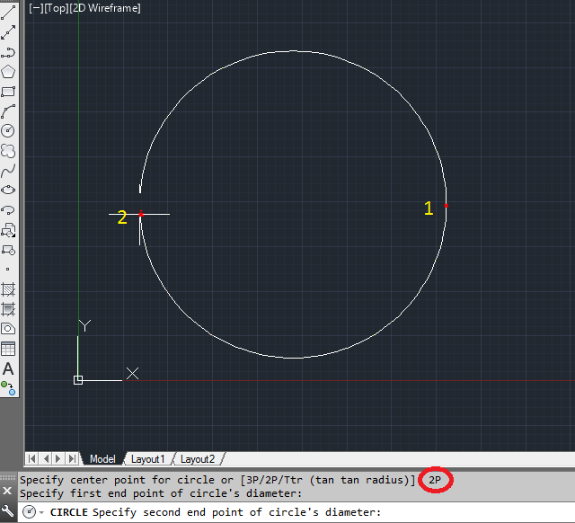  Circle उन्ही दो Points(2P) के बीच में Draw होता है इस प्रकार आप दो Points के बीच में Circle Draw कर सकते है