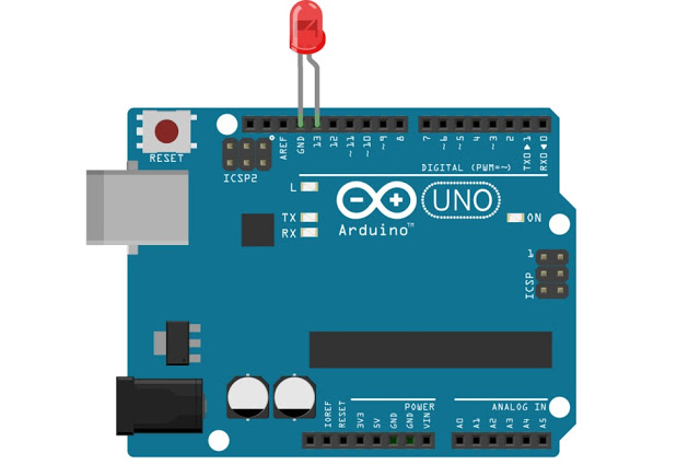 Arduino Programming के लिए circuit बनाएं arduino की pin 13 में led को connect करें और program upload करें