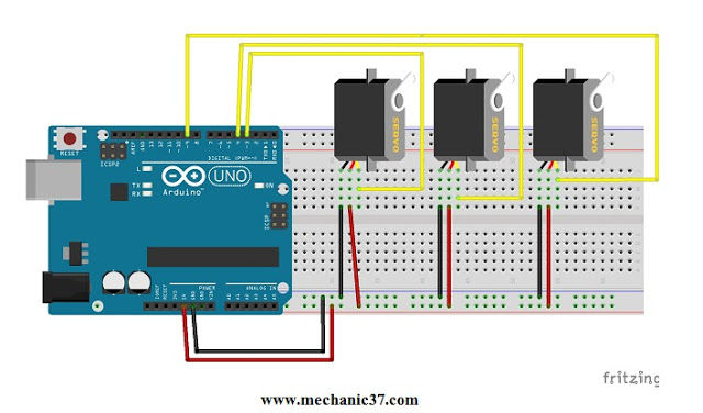 Arduino और servo motors का circuit है यह Arduino और servo motors का circuit है
