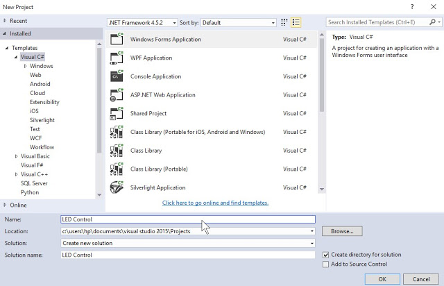 visual c++ को choose करके window form application को select करें