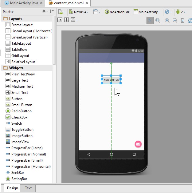 android studio Button को drag कर के design में drop करें