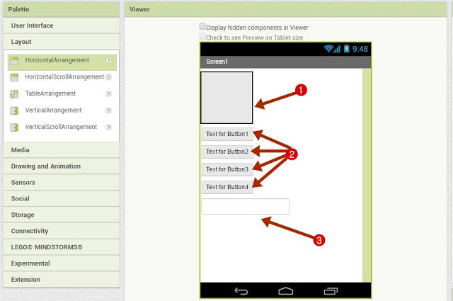 User Interface में से चार Button और एक text box को Drag करके screen पर Drop करें 