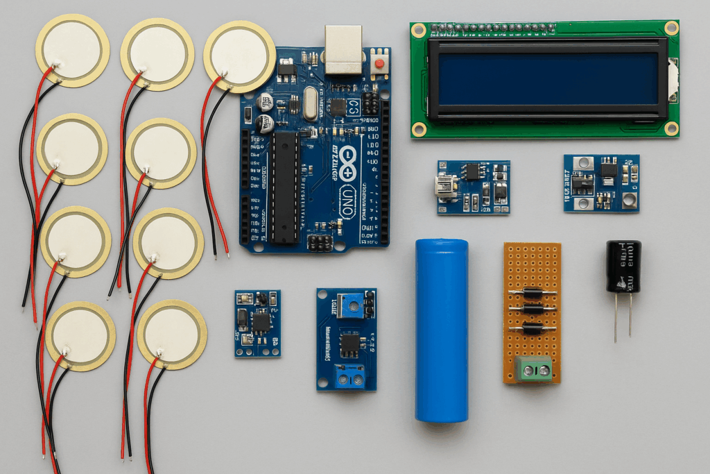 Electronics for a footstep power project: Arduino Uno, LCD display, 8 piezo sensors, voltage sensor, TP4056 module, and 100µF capacitor displayed clearly on a neutral surface