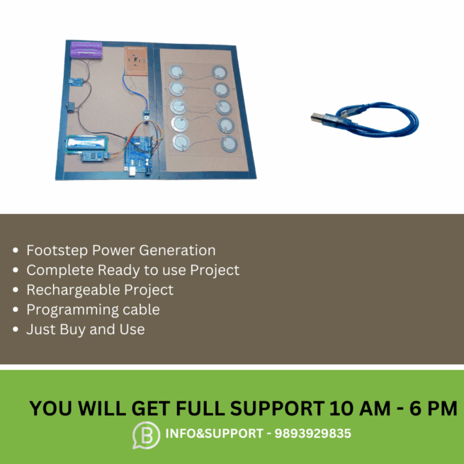 Electronics for a footstep power project: Arduino Uno, LCD display, 8 piezo sensors, voltage sensor, TP4056 module, and 100µF capacitor displayed clearly on a neutral surface."